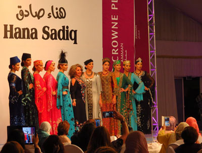 Hana Sadiq and her models in their final looks at the end of a fashion show at the Crowne Plaza Hotel in Amman on Saturday (Photo by Xiomara Hurni-Cranston)